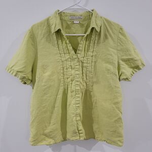 Peter Martin Womens Linen Button Up Shirt Size XL Lime Green Top Pleated‎ Summer
